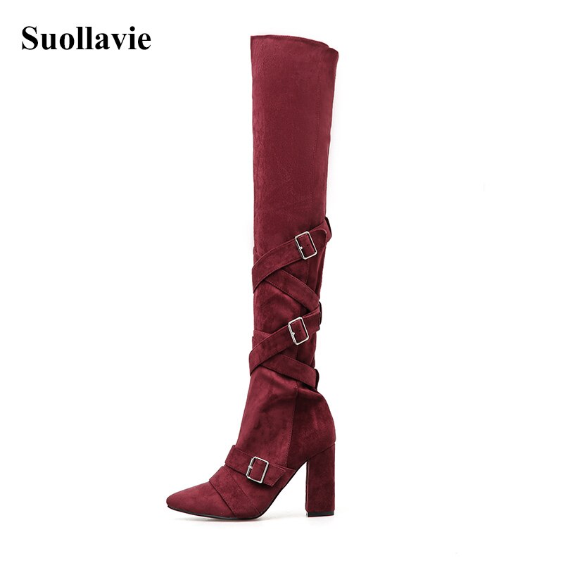Suollavie Fashion 2021 flock Over-the-Knee women boots sexy solid boots buckle shoes woman pionted toe dress Female high heels