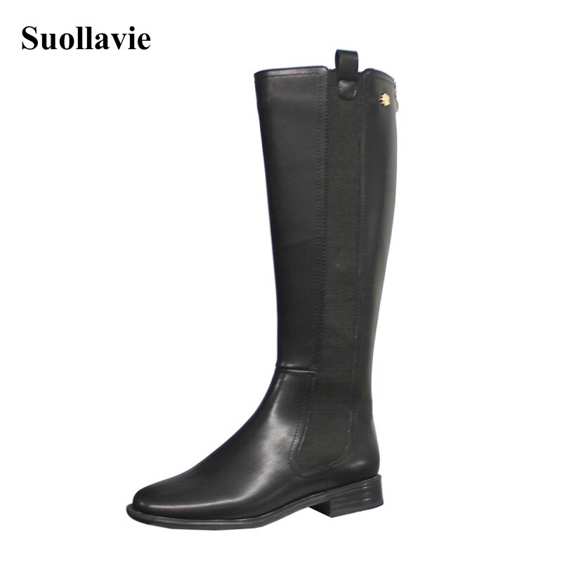 Suollavie new Mid-Calf leather boots solid black women boot female office shoes women sexy zipper ladies shoes dress high heels