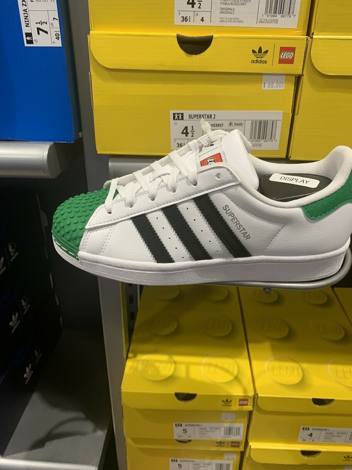 Superstar J Adidas Shoes. Lego Edition. Boys Size 5. White/Black/Geeen