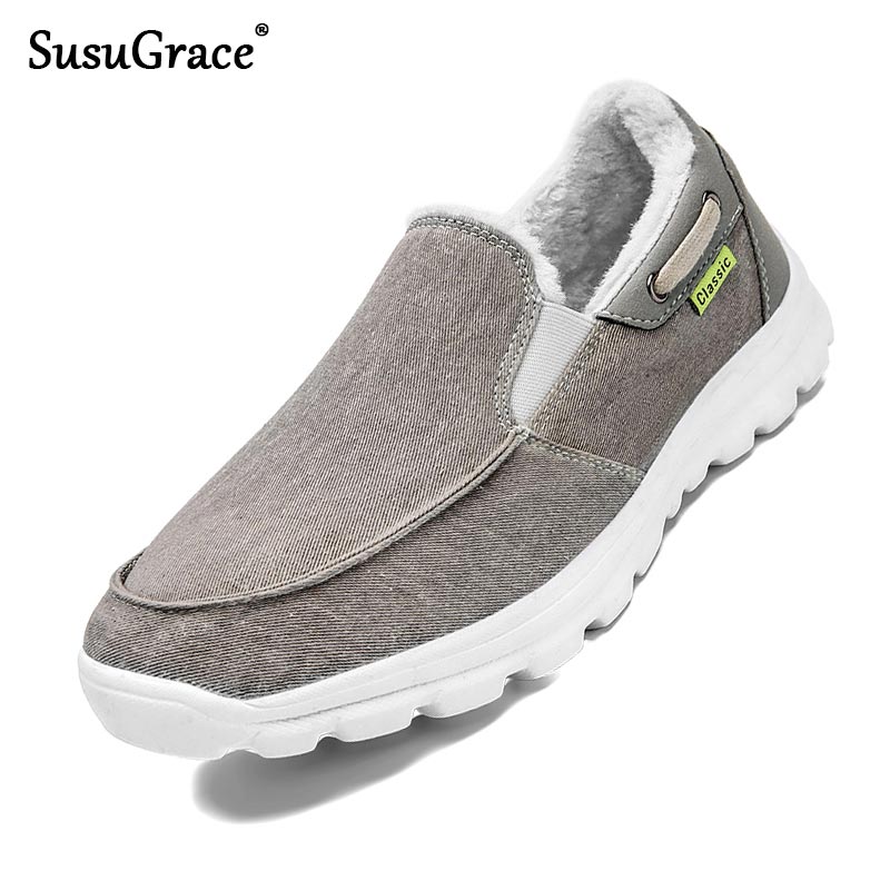 SusuGrace Winter Men Canvas Shoes Casual Warm Lined Shoes Men Outdoor Slip-on Non-leather Footwear Blue Grey Plus Size 39-48