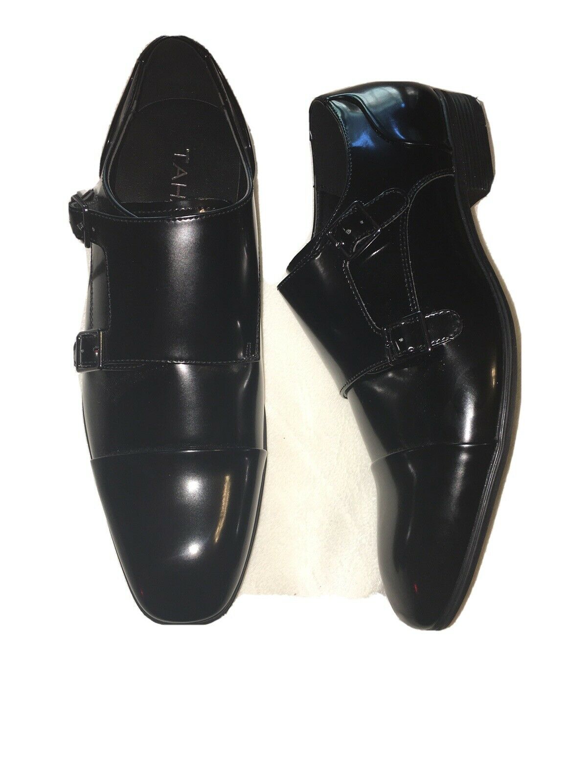 Tahari Men's Dress Shoes Double Monk Strap Faux Vegan Patent Black SZ 12 NEW