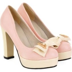 Thick Chromatic Color Pink Round Head Bowknot High Heels For Women