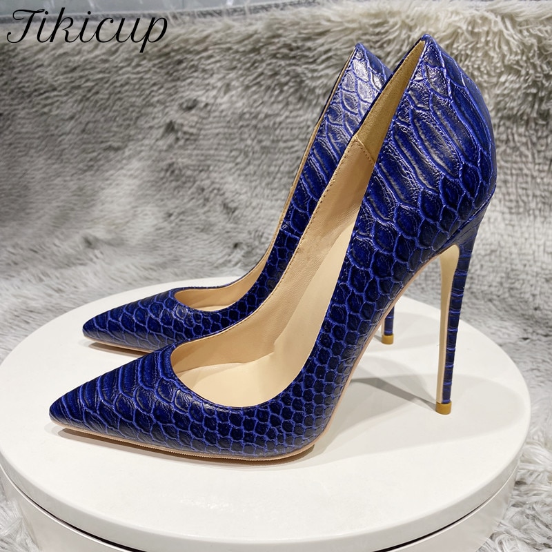 Tikicup Navy Blue Crocodile Effect Pattern Women Sext Pointy Toe High Heel Shoes Chic Ladies Slip On Stiletto Pumps Size 33-45