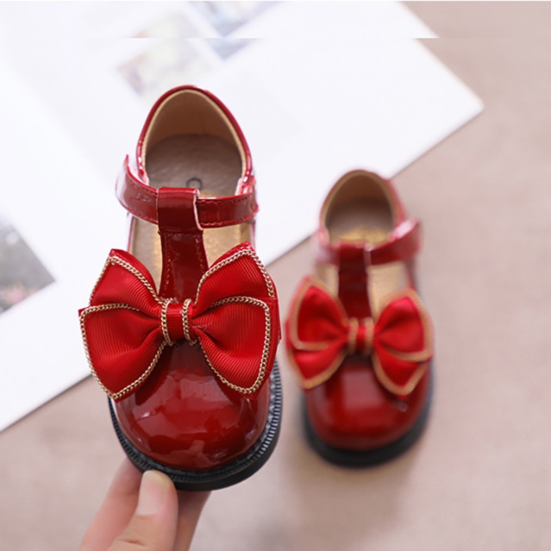 Toddler Baby Girls Mary Jane Patent Leather Shoes Kids T-Strap Bow-knot Princess Dress Shoes Infant Shoe Chaussure Fille Red