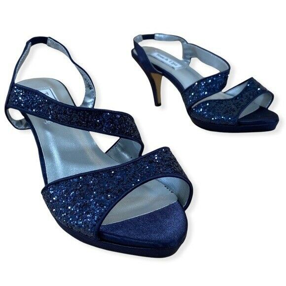 Touch Ups Navy Blue Satin & Glitter Formal Dress Shoes D'Orsay Heels Size 8