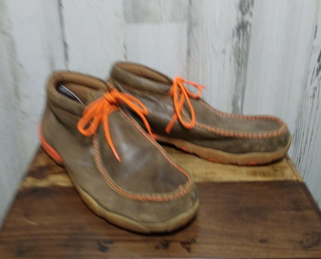 Twisted X Men's Leather w/ Neon Orange Trim Bomber Driving Wallabee Loafer sz 11