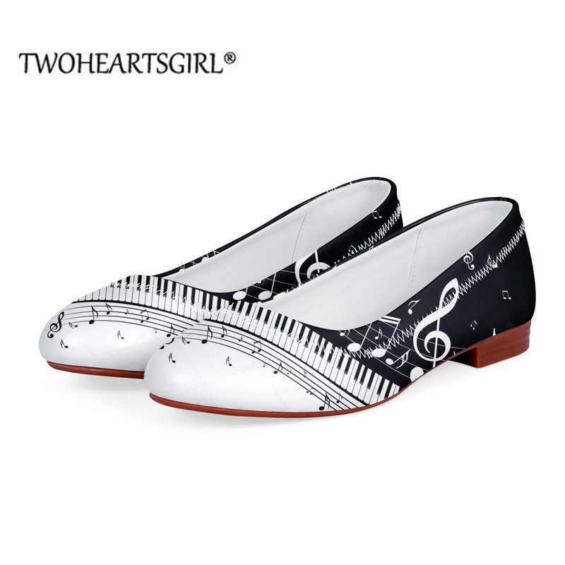 Twoheartsgirl Casual Slip-on Shoes Black and White Music Note Print PU Flats Office Work Boat Shoes for Women Leather Loafers