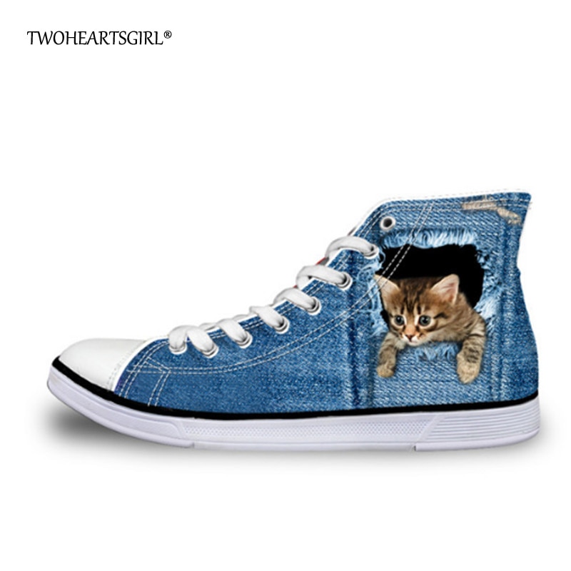 Twoheartsgirl Cute High Top Jeans Cat Canvas Shoes Classic Animal Denim Cat Vulcanize Shoes for Women Casual Personalized Shoes