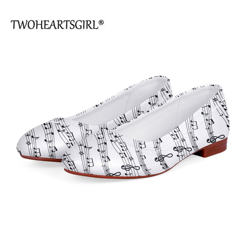 Twoheartsgirl Leather Loafers Music Note Print Classic Slip-on Shoes Casual Flat Footwear for Women Office Work Boat Shoes