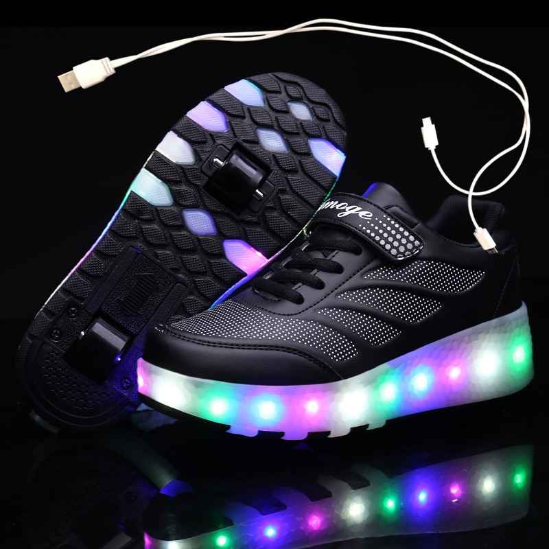 USB Charging Black Two Wheels Luminous Sneakers Led Light Roller Skate Shoes for Children Kids Led Shoes Boys Girls Shoes 28-43