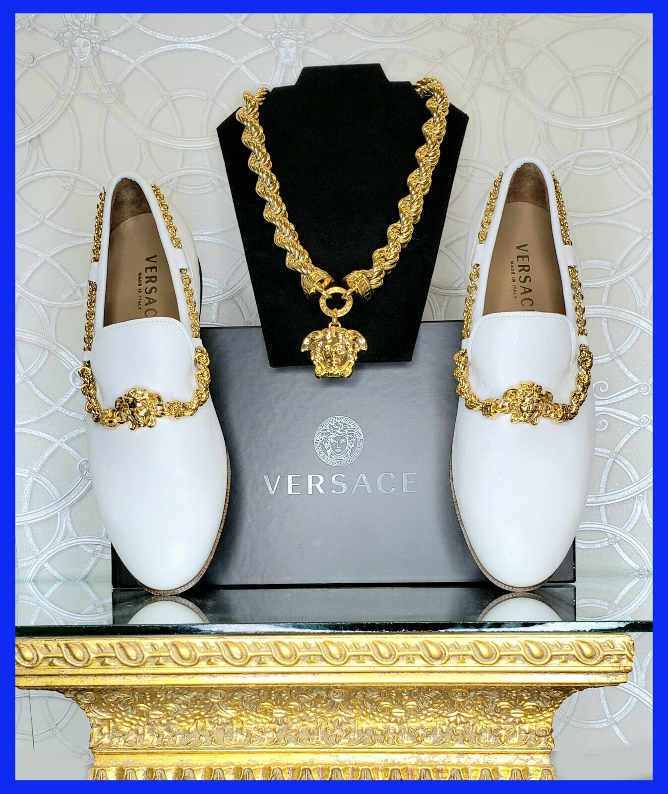 VERSACE WHITE LEATHER LOAFER SHOES and 24K GOLD PLATED MEDUSA NECKLACE SET