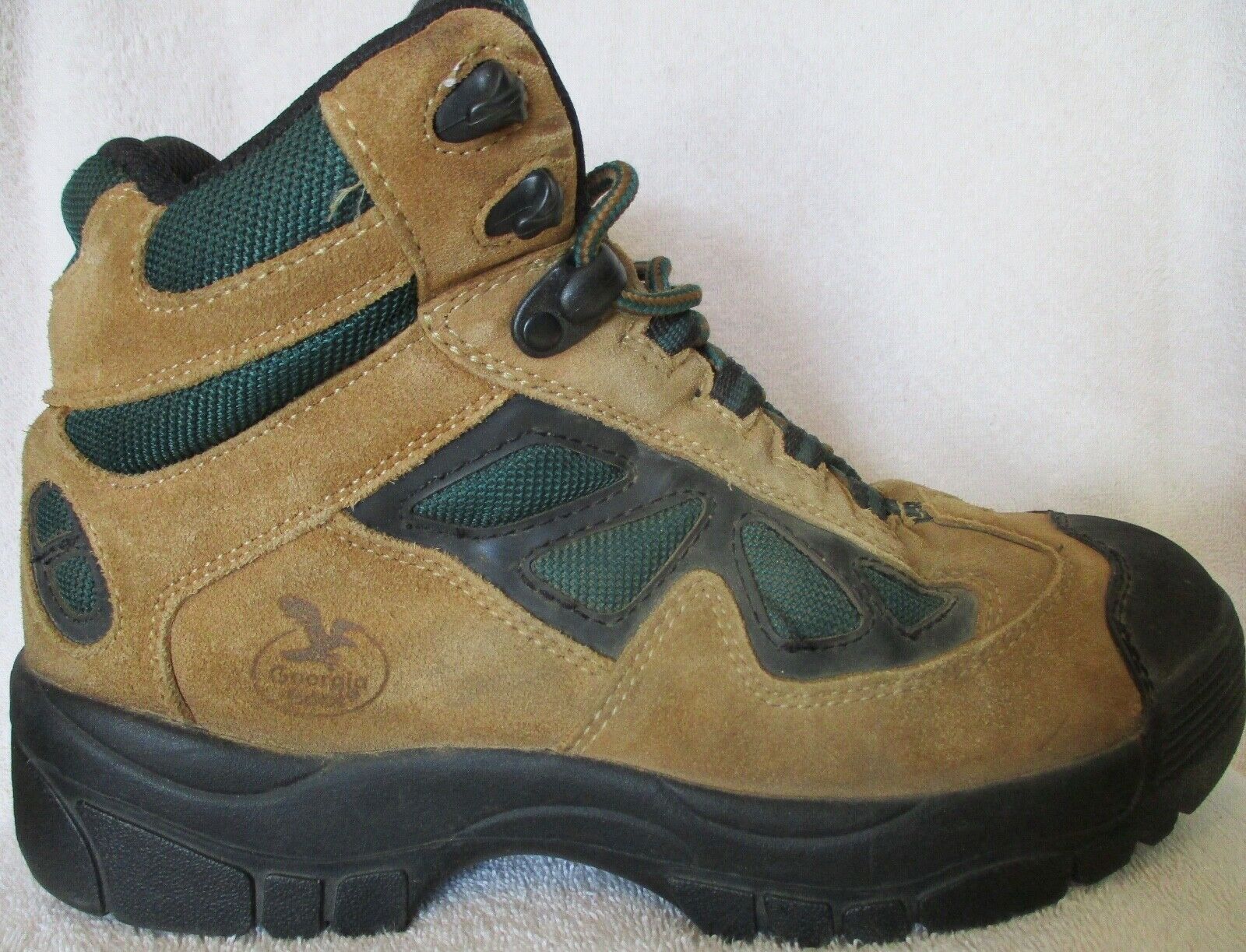 Vintage Georgia Boots - Hiking Boots Brown Suede Leather Green Accents Size 11-W