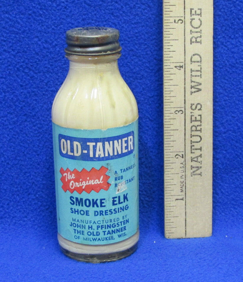 Vintage Old Tanner Shoe Cleaner Dressing Bottle Smoke Elk 1/2 Full