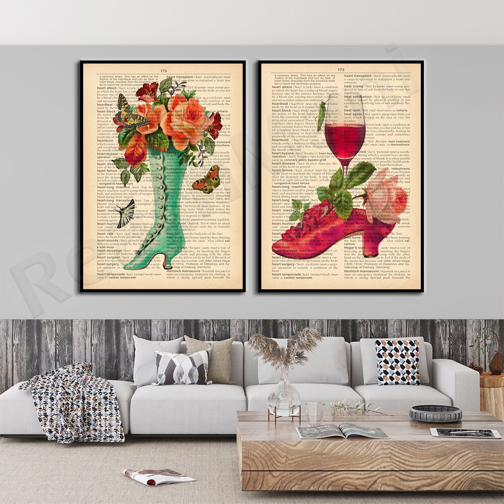 Vintage red and pink shoe art, boots and flowers, vine glass, fashion shoe beauty posters, dictionary art, antique illustrations