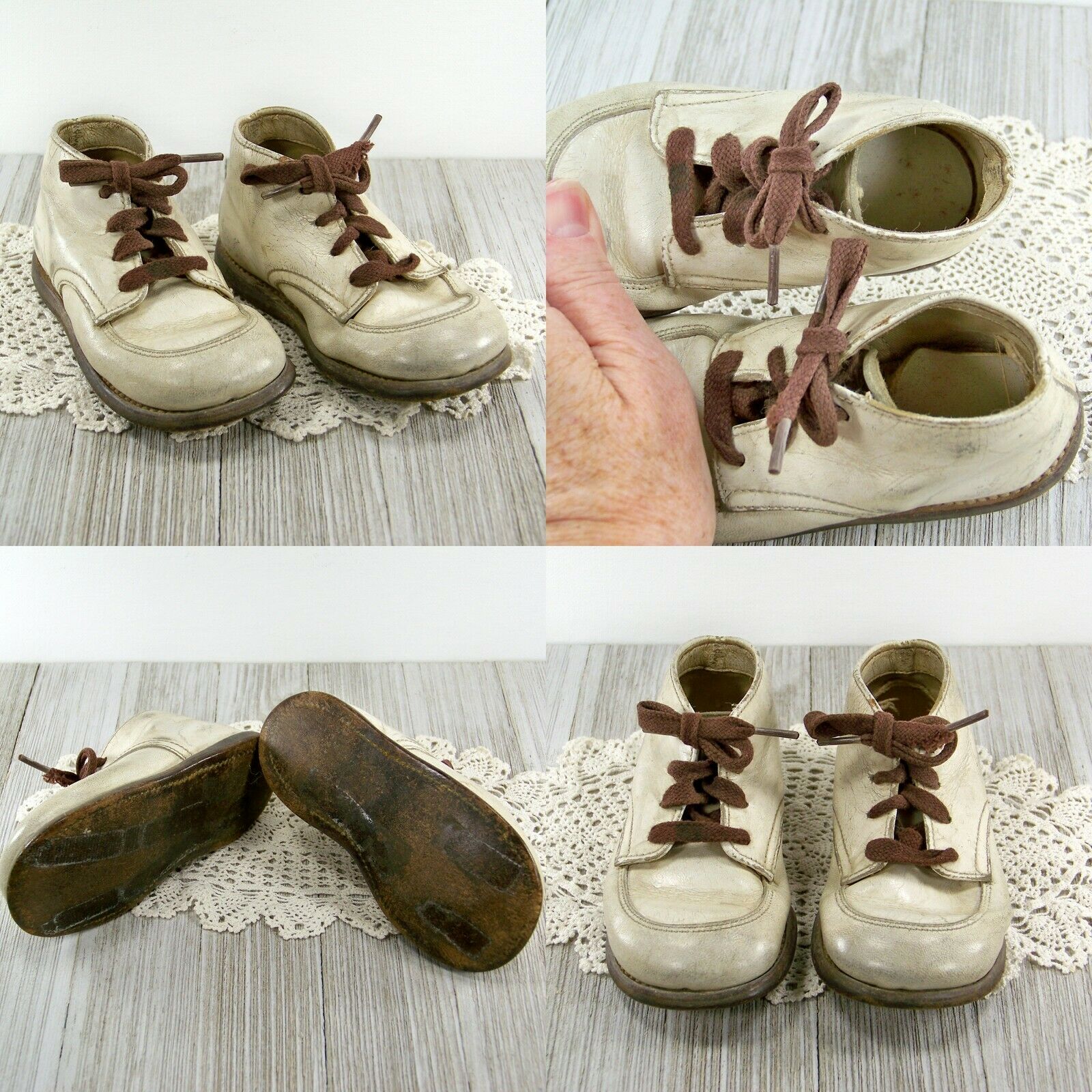 VTG 50s-60s White Hard Sole Baby Walking Shoes Brown Shoestrings 5 3/4-in US 8