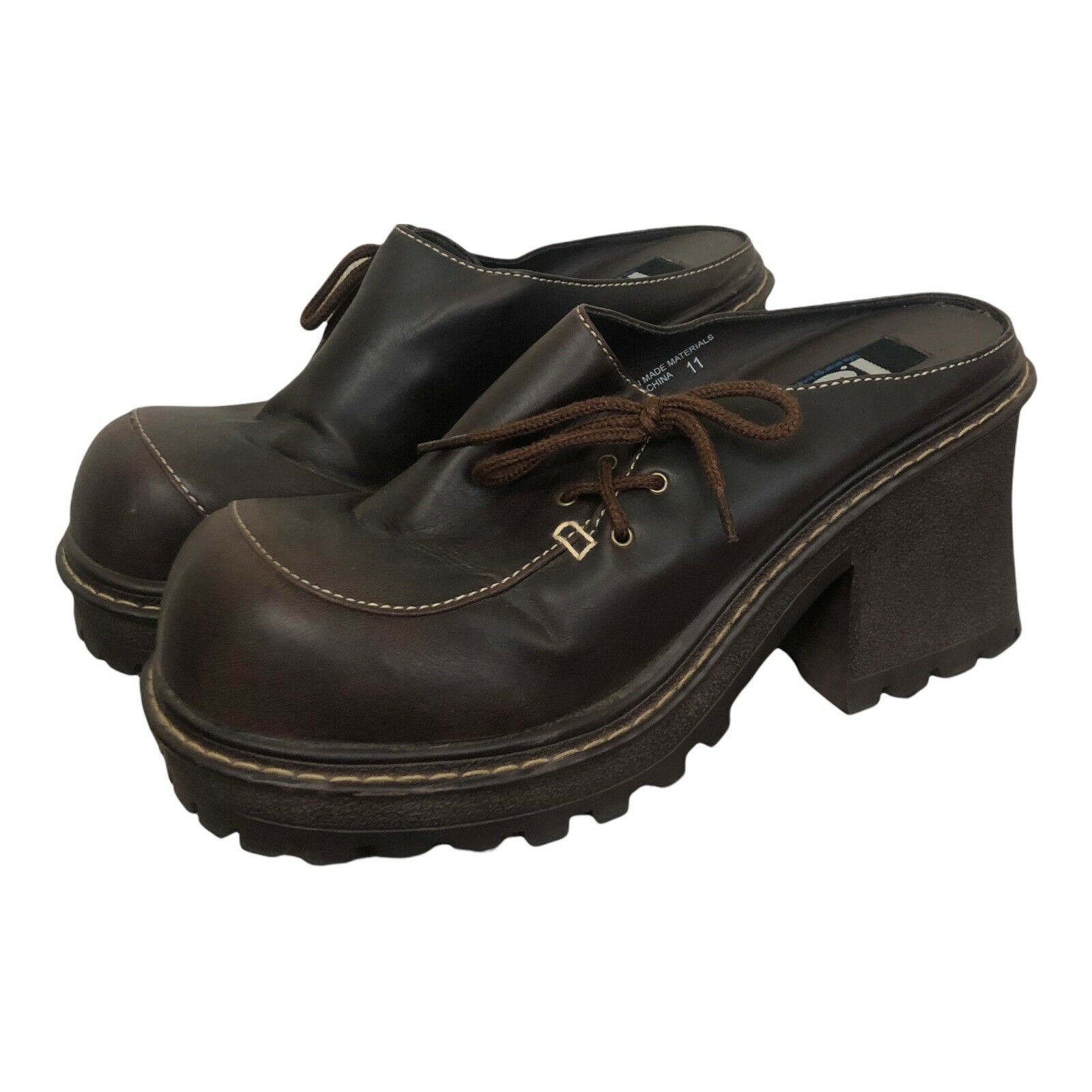 VTG 90s Y2K LEI ‘Flarre’ Brown Chunky Lug Heel Platform Clogs Mules Shoes 11