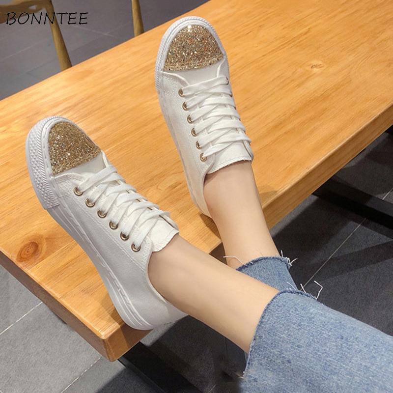 Vulcanize Shoes Women Canvas Female Fashion Lace-up Soft Flat Walking Footwear Womens Casual Students Sneakers Daily Shoe Simple