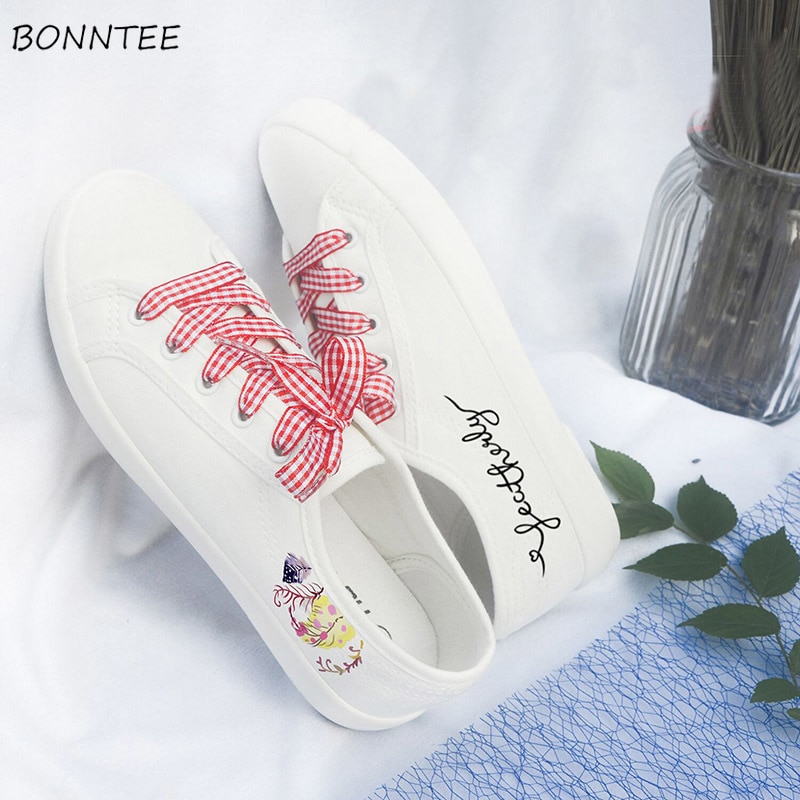 Vulcanize Shoes Women Fashion Simple Printing Flat with Canvas Sneakers Students Cute Female Leisure Walking Footwear White Shoe