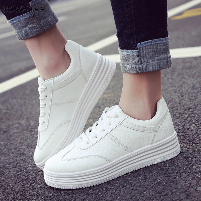 Vulcanize Shoes Women Sneakers Fashion Breathable Casual Flats White Womens Lace-up All-match Female Footwear Outdoor PU Leather