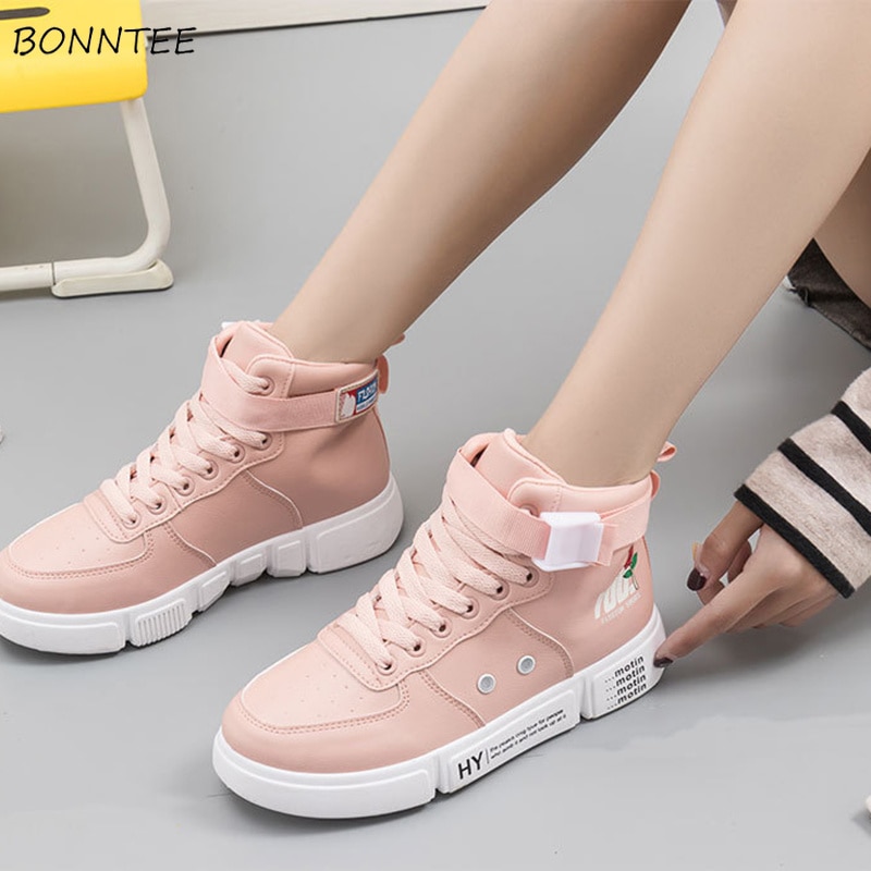 Vulcanize Shoes Women Trendy Breathable Flat with Sneakers Womens All-match High Top Ladies Simple Soft Walking Footwear White