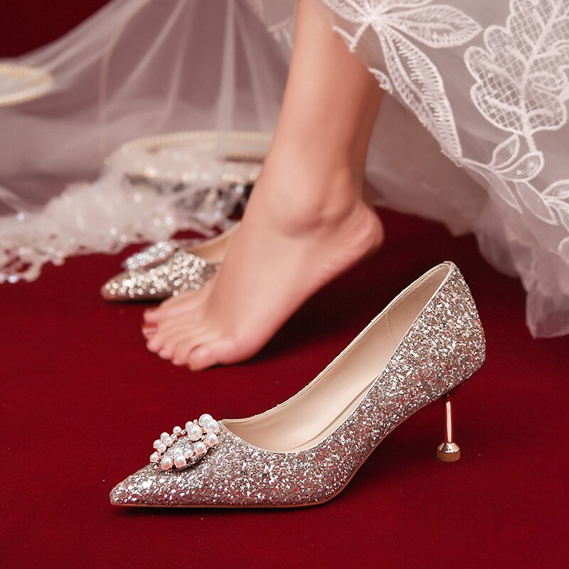 Wedding Dress Shoes Show Wear Bride's Shoes Women's 2021 New Non-tiring Dress High Heels Can Be Worn At Ordinary Times.