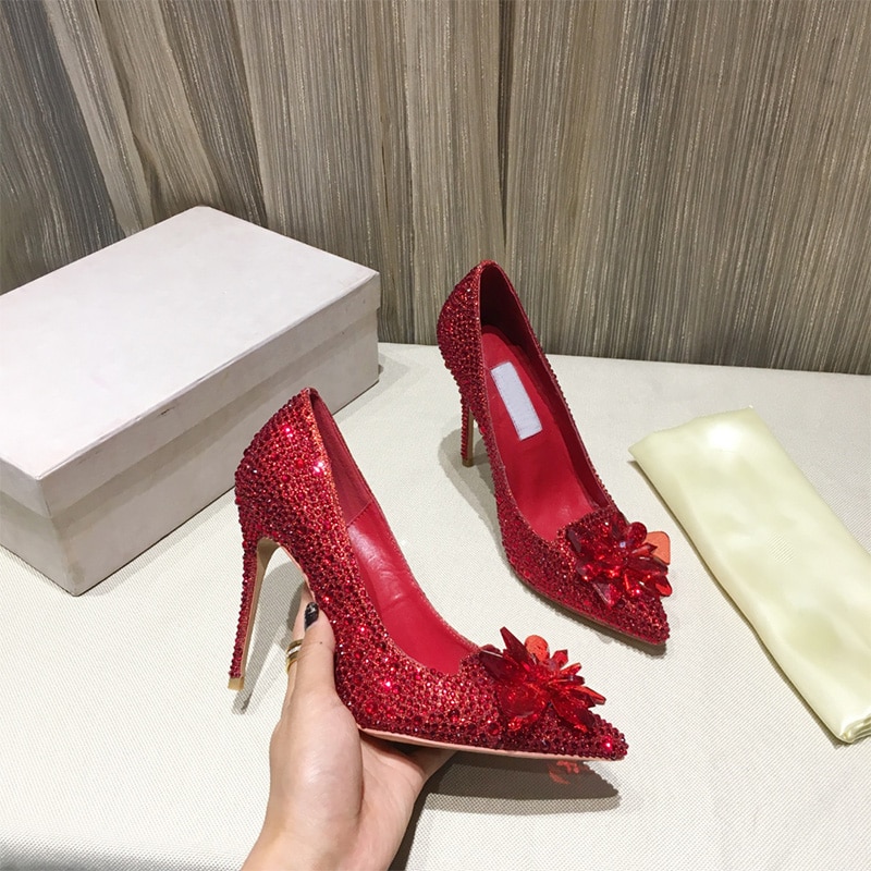 Wedding Shoes Crystal Shoes Rhinestone Sequins Shiny Flowers Pointed Stiletto Pumps High Heels Banquet Dress Bride Sridesmaid 42