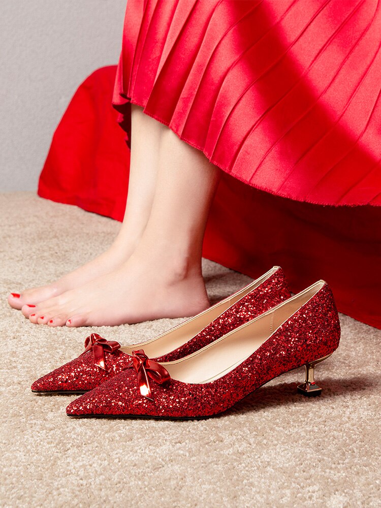 Wedding Shoes Female 2021 New Low Heel Crystal Chinese Wedding Bride Shoes Red Thin Heel High Heels Wedding Shoes