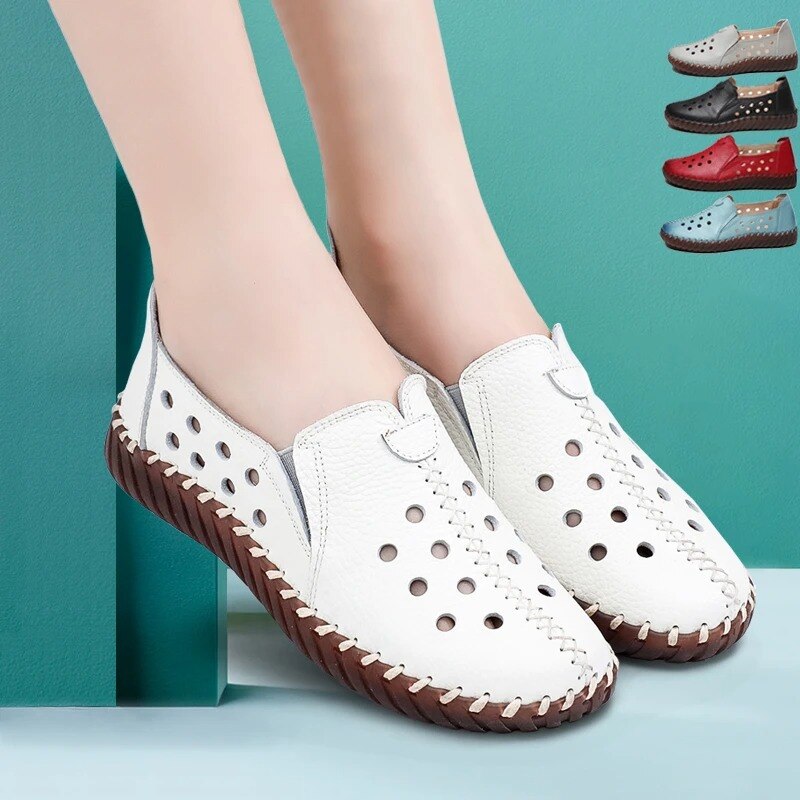 White Summer Shoes For Women Genuine Leather Ballet Flats Moccasins Breathable Flat Loafers Woman Flats Wide Width Slip On Shoes