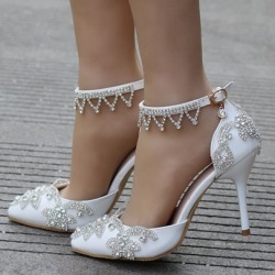 White Wedding Shoes for Women Rhinestone Heels