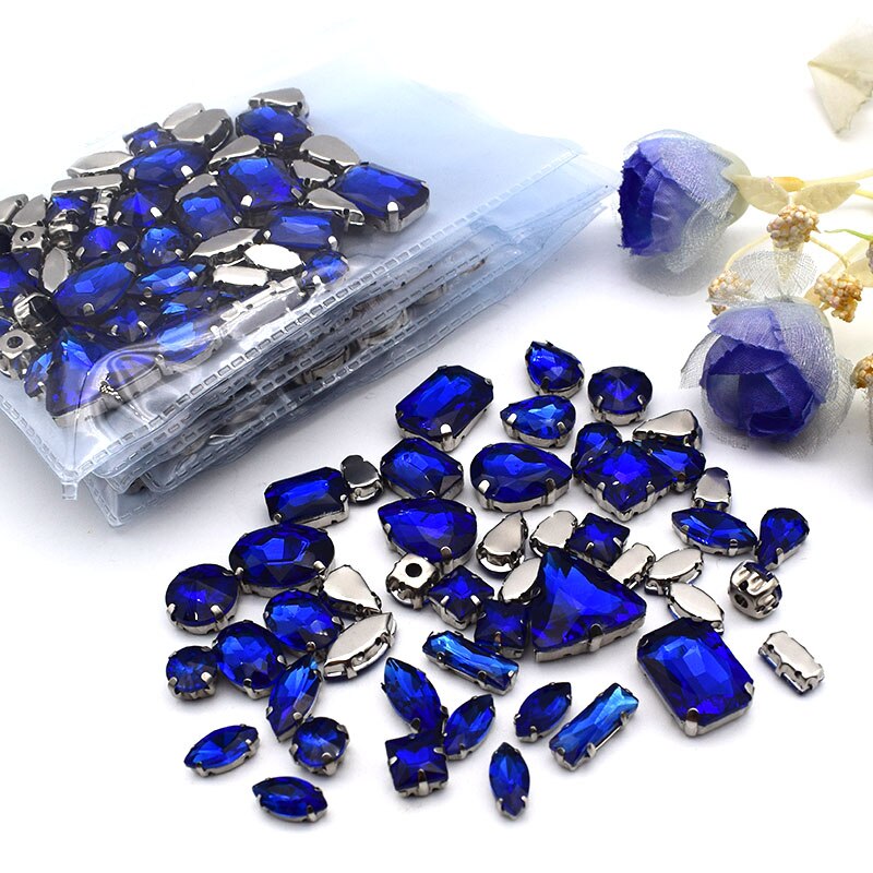Wholesale Glass Rhinestones Mix Size Shape Royal Blue Crystals Silver Base Sew On Garment Use Shoes Dress Decoration 50Pcs/Bag
