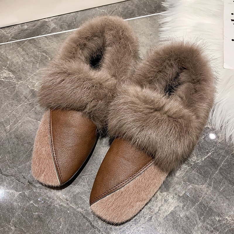 Winter Patchwork square toe fur shoes women fluffy plush flats add cashmere moccasins retro warm rabbit fur loafers woman 2021