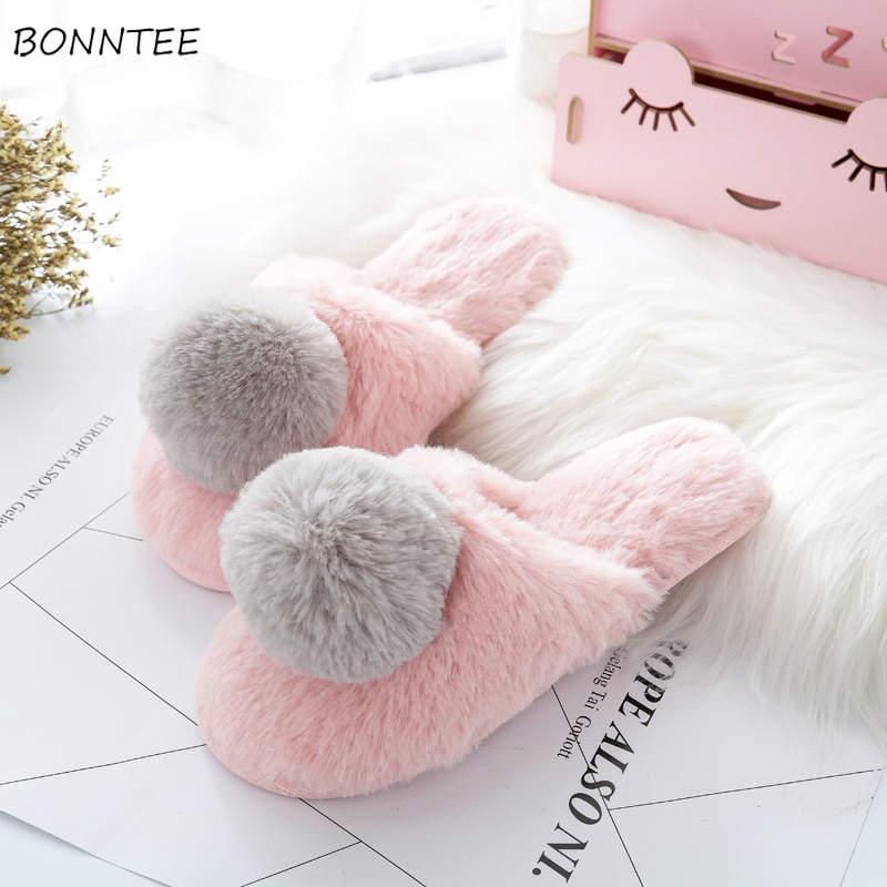 Winter Slippers Women Indoor Fashion Cute Hairball House Shoes Female Non-slip Warm Simple Leisure Womens Home Slipper Big Size