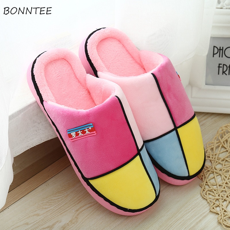 Winter Slippers Women Mixed Colors Home Warm Non-slip Flat Plush Slipper Womens Korean Style Simple Casual Indoor Shoes Girls