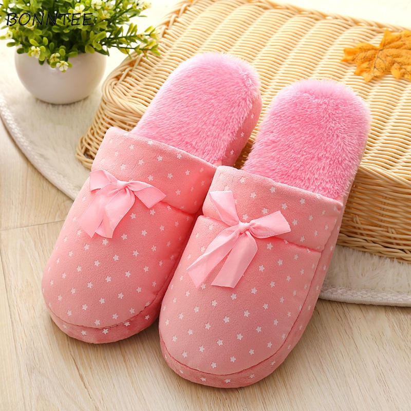 Winter Slippers Women Trendy Printed Warm Plush Bedroom Slipper Womens Korean Girls Cute Bow Cotton Home Shoes Soft Flat With
