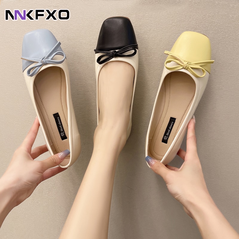 Women Bow Flats Leather Slip on Flat Shoes For Woman Shallow Single Shoes Butterfly Knot Loafers yellow Ladies Boat Shoes vc2632