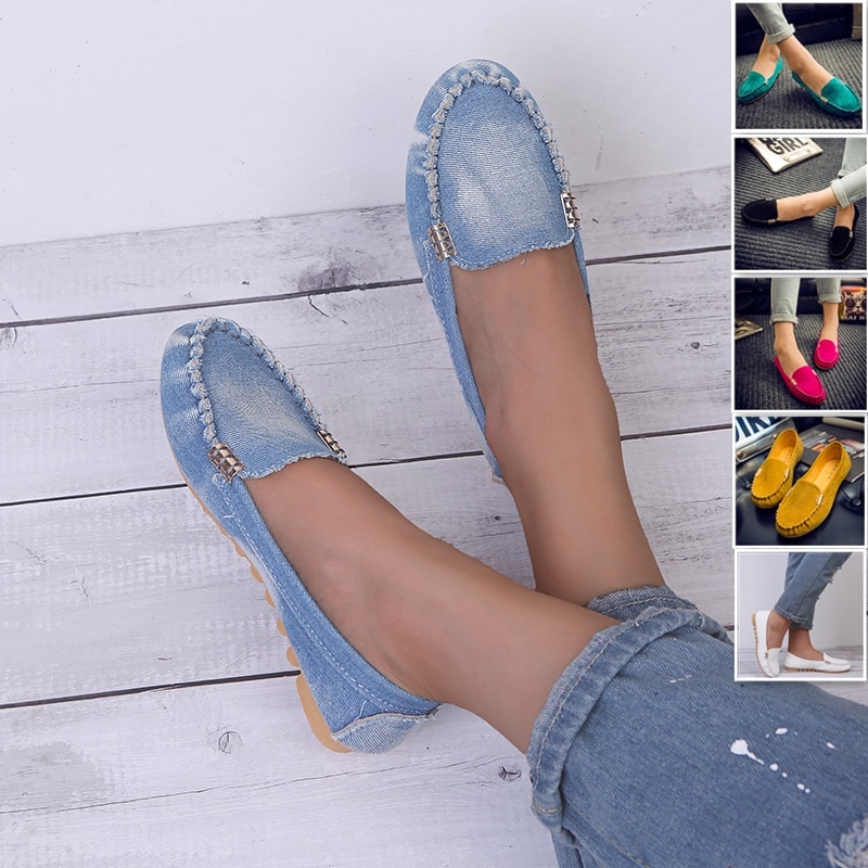 Women Casual Flat Shoes Spring Autumn Flat Loafer Women Shoes Slips Soft Round Toe Denim Flats Jeans Shoes Plus Size