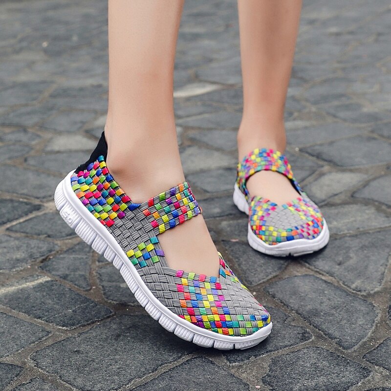 Women Casual Shoes Summer 2021 Breathable Shoes for Women Wide Lightweight Flat Woven Shoes Slip-on Sneakers Lady Walking Shoes