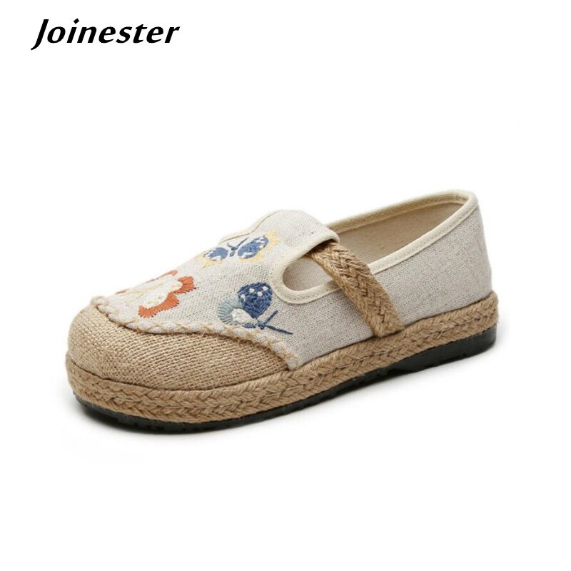Women Flat Heel Loafers for Spring Embroidered Casual Slip On Moccasins for Girls Wide Toe Hemp Leisure Shoes Walking Flats
