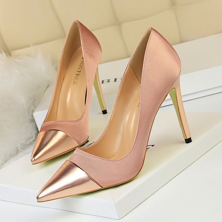 women high heels pumps 10cm classic pumps satin splice pointed sexy nightclub thin heels gold shoes ladies shoes beast sellers