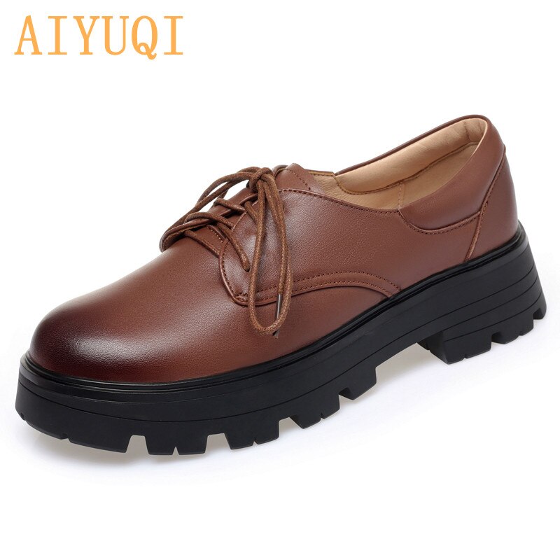 Women Large Size Shoes Spring Genuine Leather Lace-up Fashion Women's Loafers British Style Round Toe Ladies Shoes