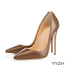 Women Leather Pointed Toe Formal Dress Shoes OL Pull On Tan High Heels Stilettos