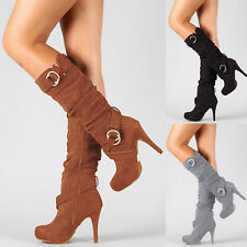 Women Mid Calf Under Knee High Boots Ladies High Heels Suede Buckle Casual Shoes