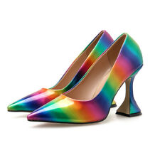 Women Pointed Toe High Heel Pumps Spring Shoes Cup Heel Rainbow Patent Heels