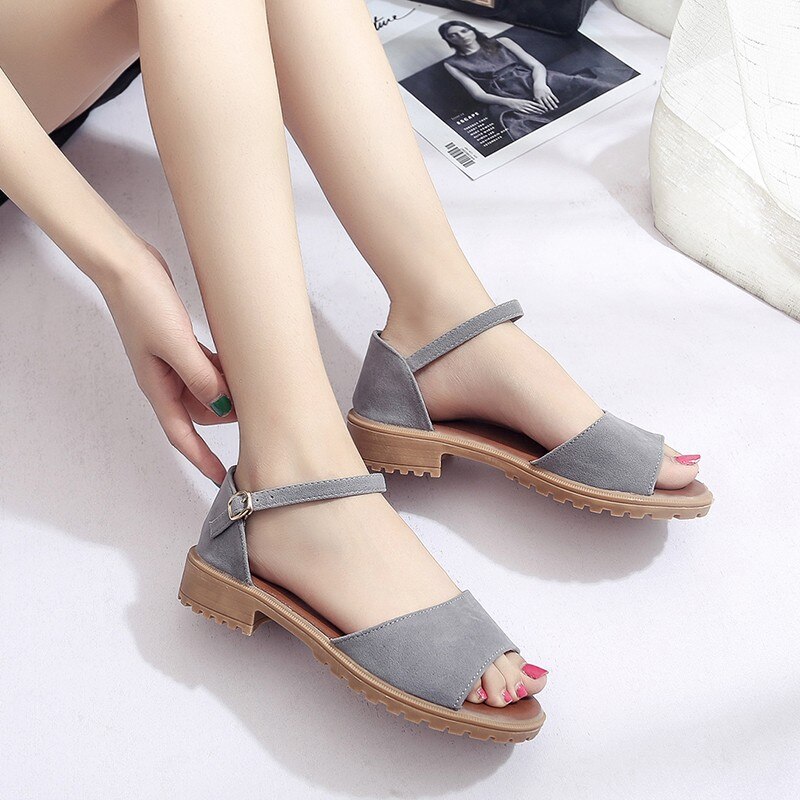 Women Sandals Fashion Open Toe Shoes Suede Buckle Strap Casual Dress Low Heel Solid Summer Comfortable Ladies Sandals