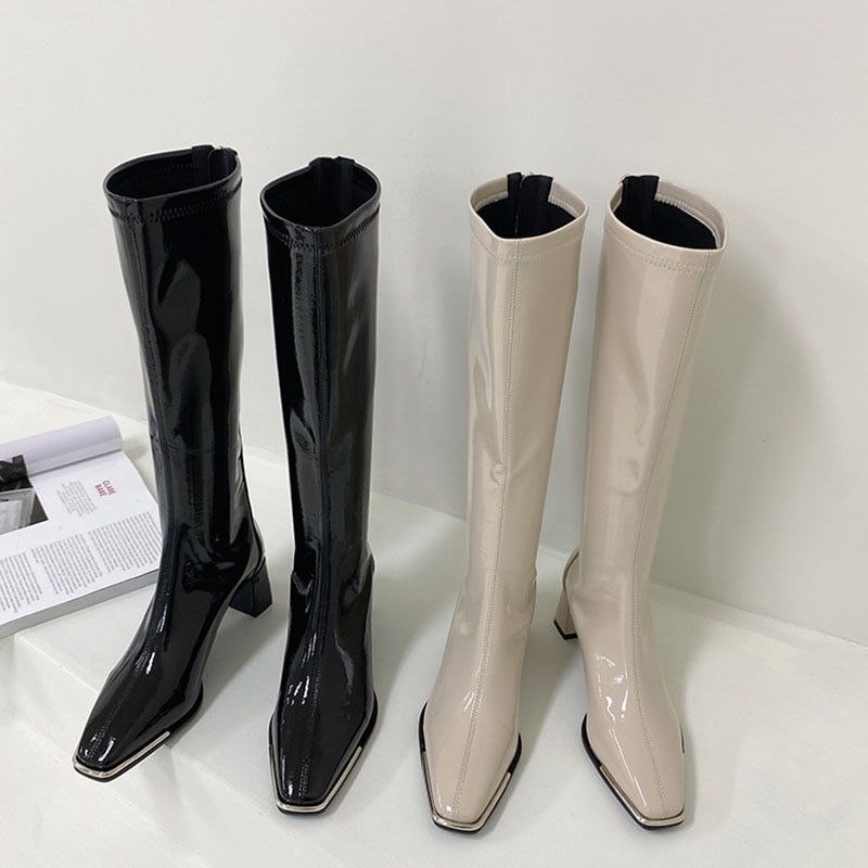 Women Square Toe Knee High Boots 2021 Woman Patent Leather High Heels Ladies Fashion Black White Zipper Shoes Female Footwear