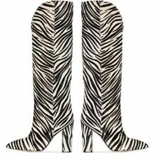Women Stripe Pattern Knee High Boots Western Block High Heels Cowboys Shoes Goth
