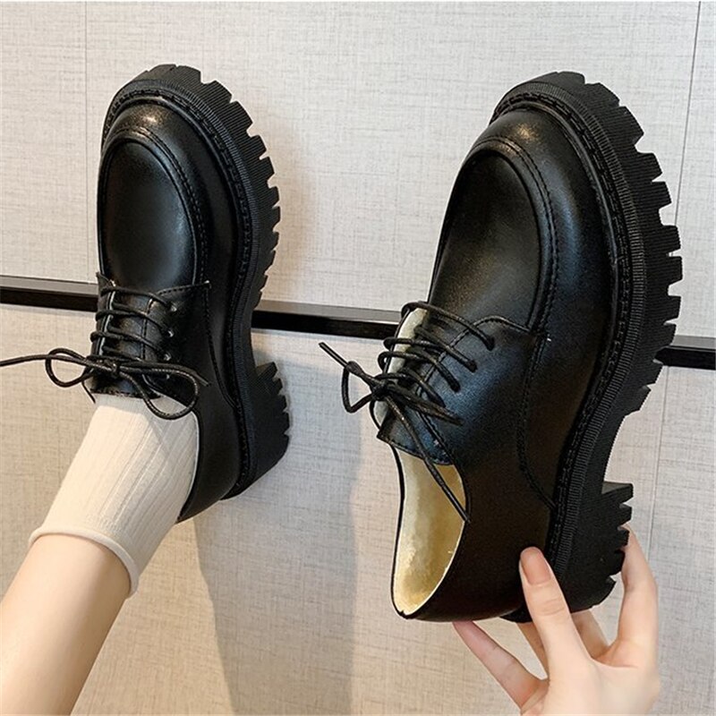 Women Thick Soled Boots Autumn British Student Oxfords Round Toe Lace Up Platform All-Match Casual Shoes Female Dress Shoes