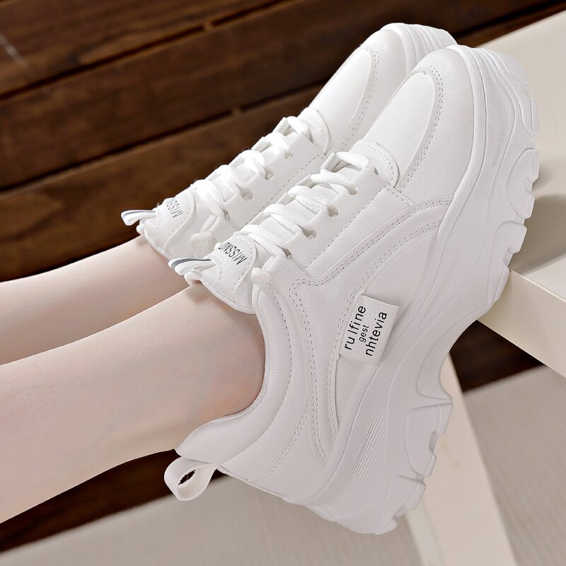 Women Winter High Platform Leather Sneakers Wedge Heels Outdoor Ankle Boots Spring Chunky Shoes Lace-up Tennis Sport Shoes Woman