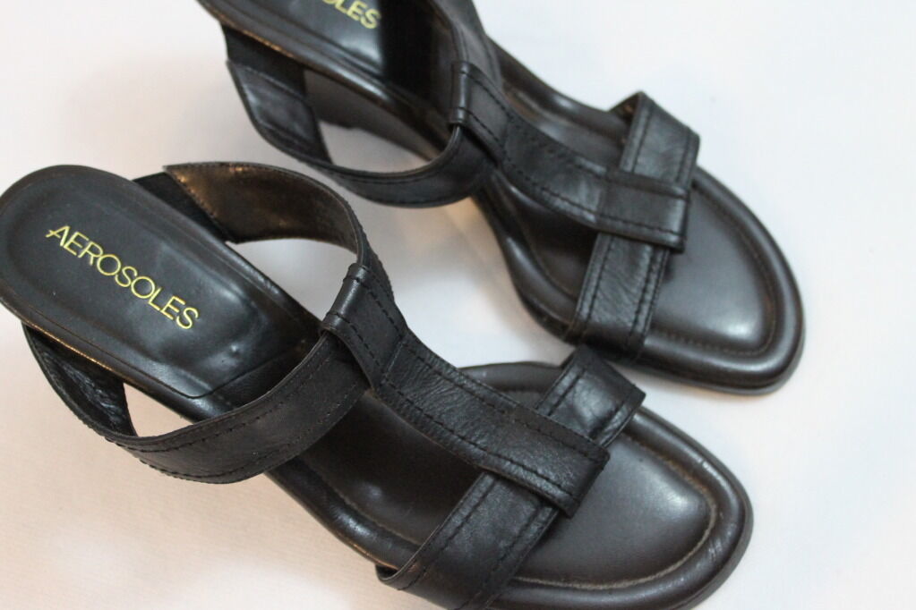 Womens Aerosoles Black Leather Slip on Open Toes Summer wedge heels Shoes 7B