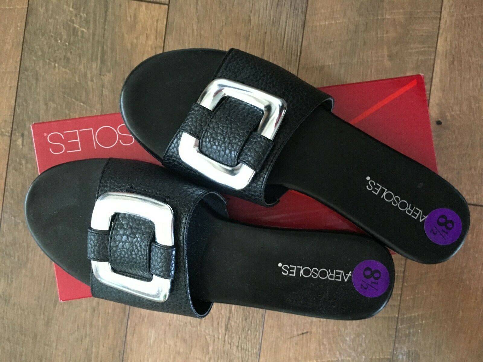 Women's Aerosoles Shoes Sandals Slides Black NEW w Box 8.5 Silver Buckle WOW!